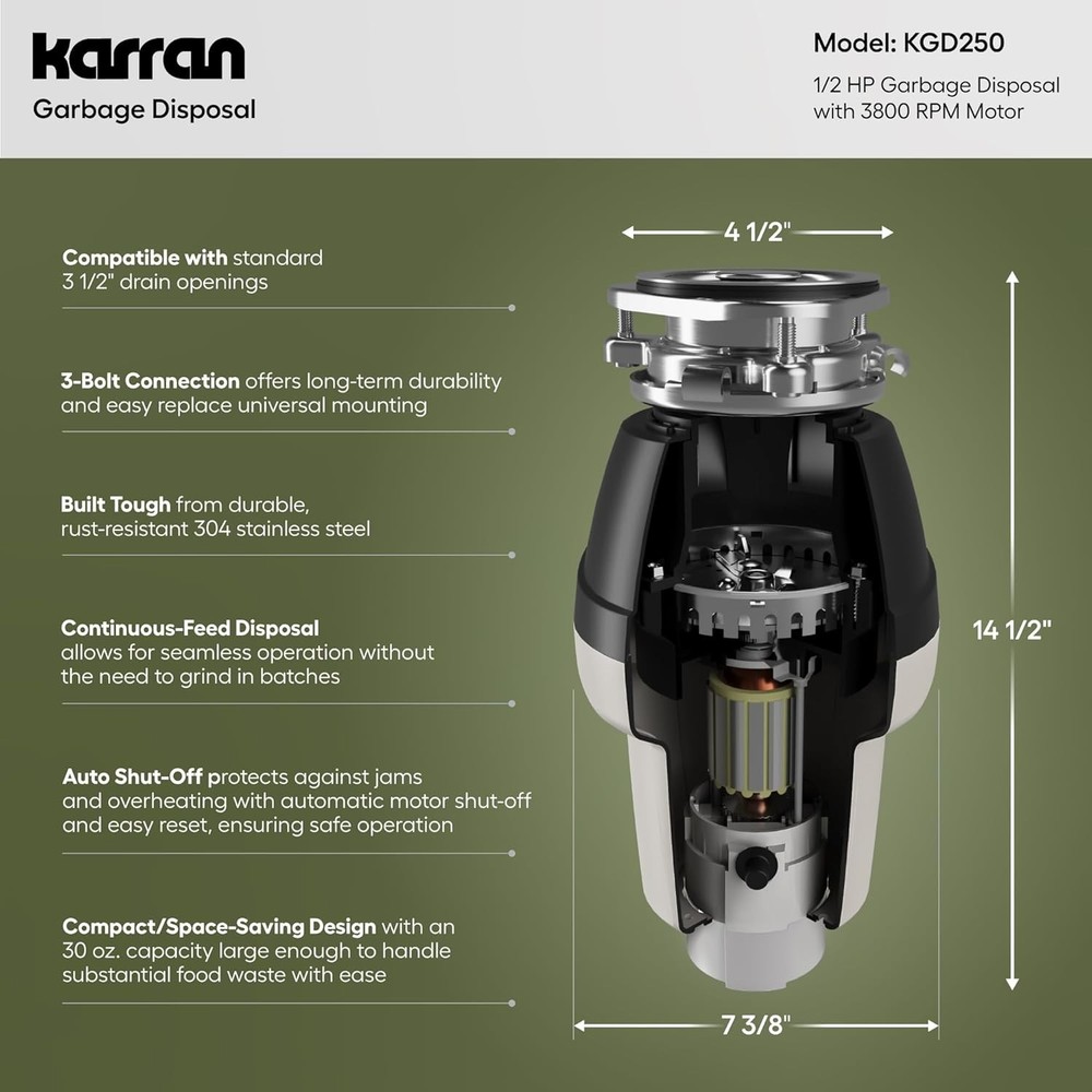 Karran 1/2 HP Garbage Disposal with Power Cord – Quiet Continuous Sink Disposal