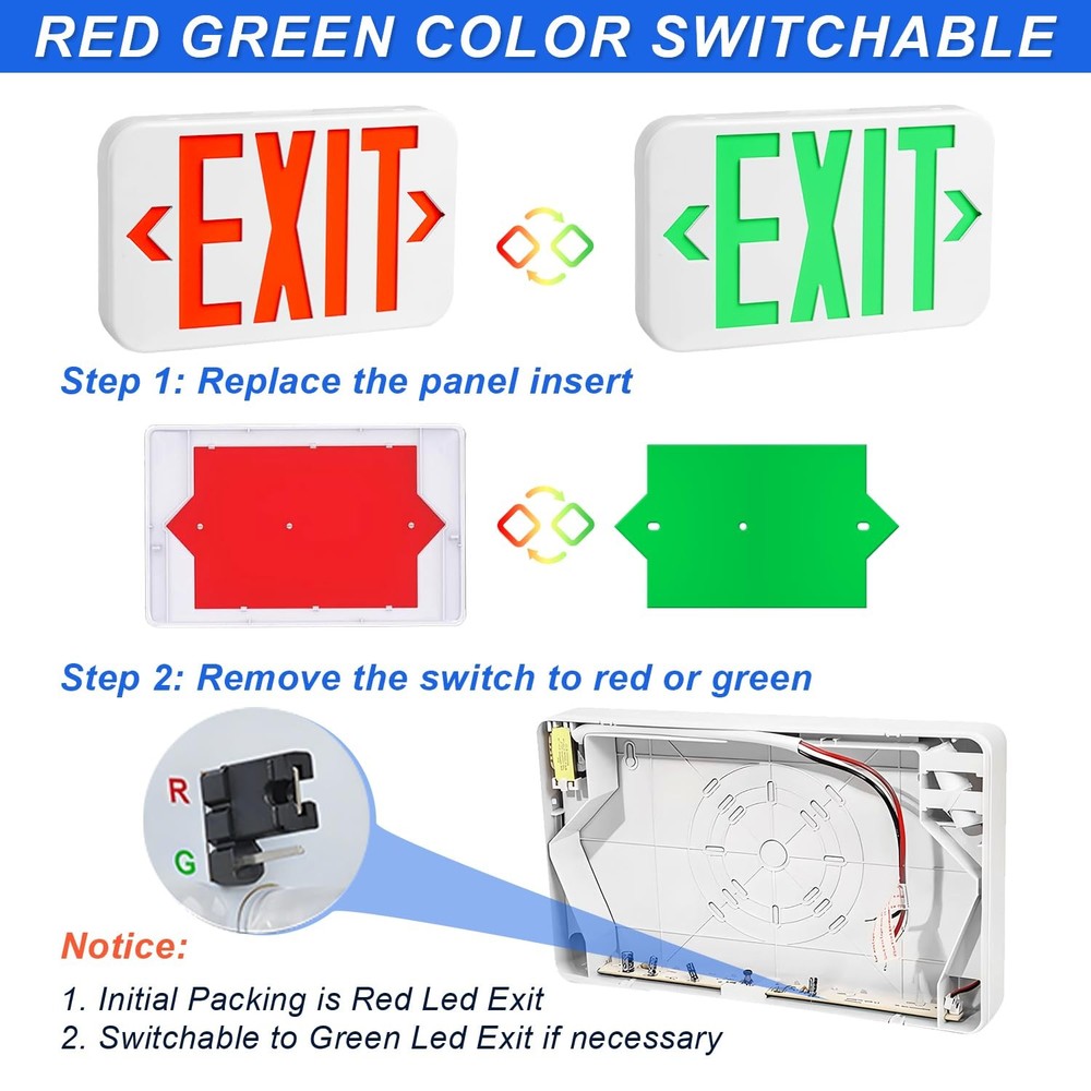 Red/Green LED Exit Sign, Commercial Emergency Exit Light with Battery Backup,...