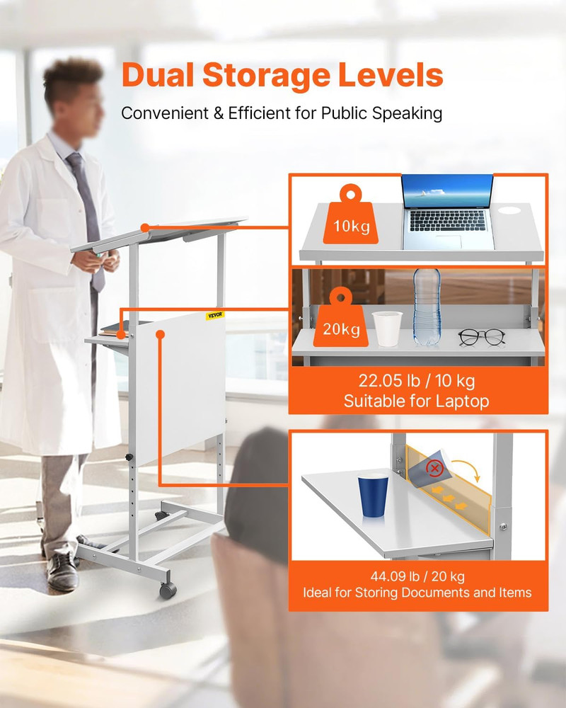 Height Adjustable Portable Lectern with Wheels & Storage for Classroom & Events