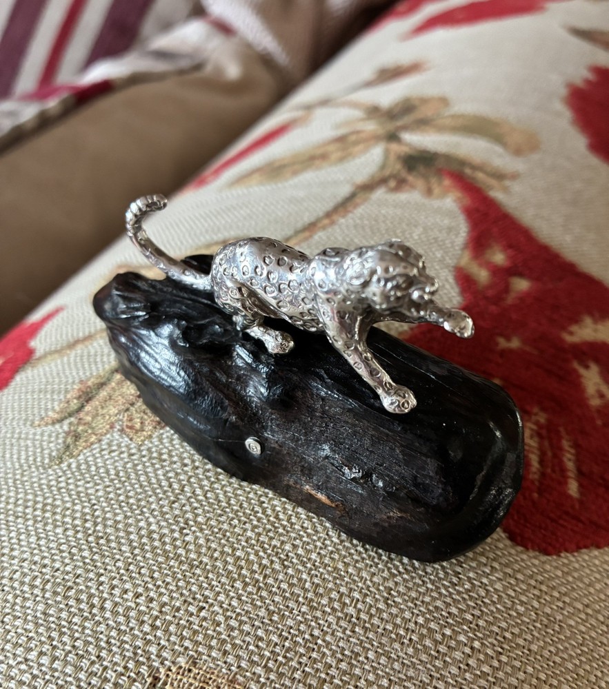 PATRICK MAVROS- Leopard on dark wood base - SILVER - Medium size- with box