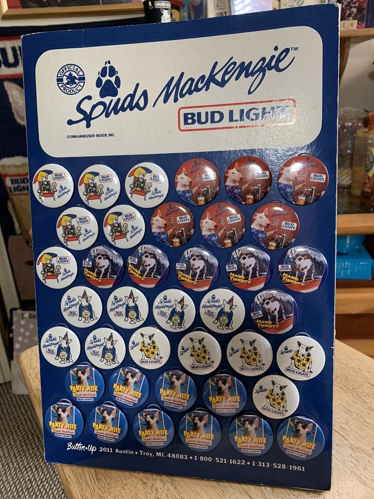 Spuds Mackenzie Full display Bud Light Dog Hat Jacket pinback Pin