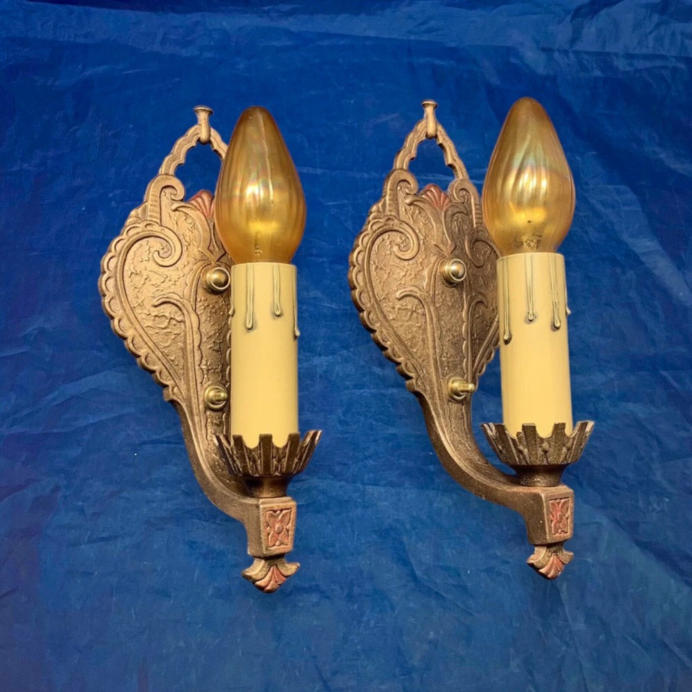 Pair antique candle sconces nice polychrome finish 13E