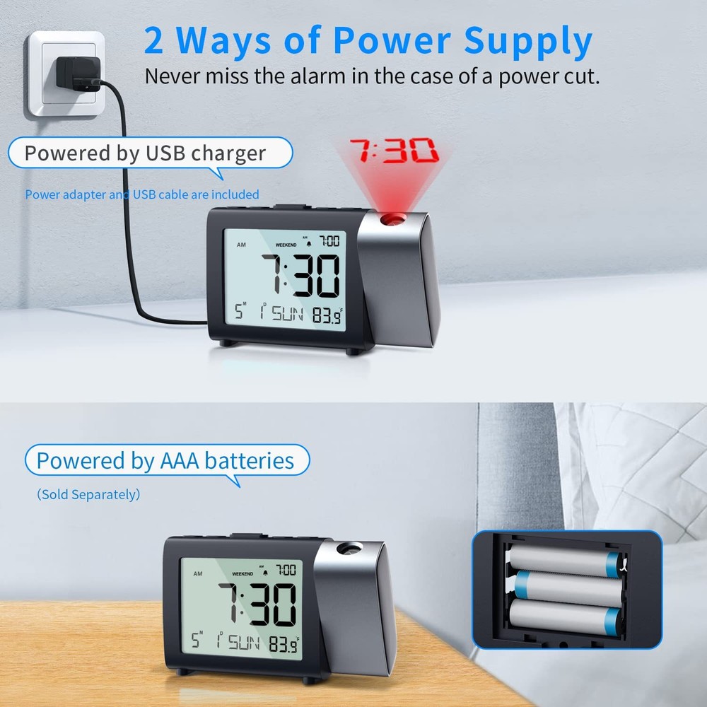 Projection Alarm Clock with LCD Display Snooze and Dual Volume Settings