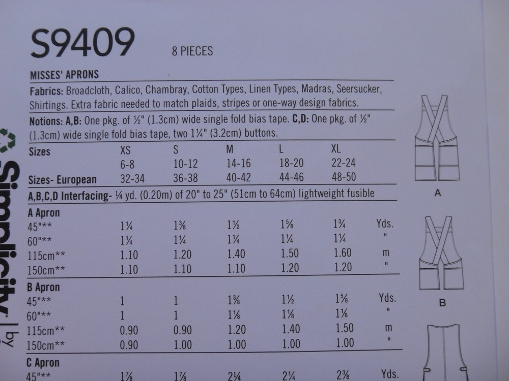 Simplicity 9409 Minimalistic Simple Aprons Pullover or Crossback Pattern 6-24