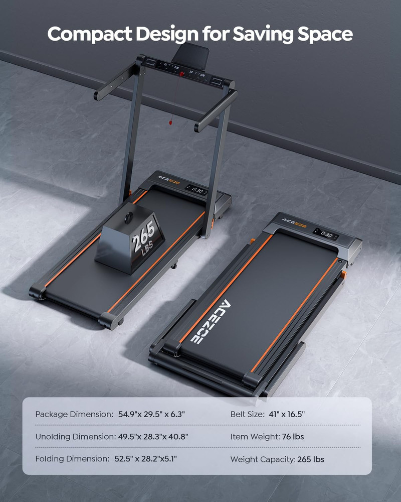 Compact 2-in-1 Folding Treadmill with Handle, 300Lbs Capacity, Smart Apps