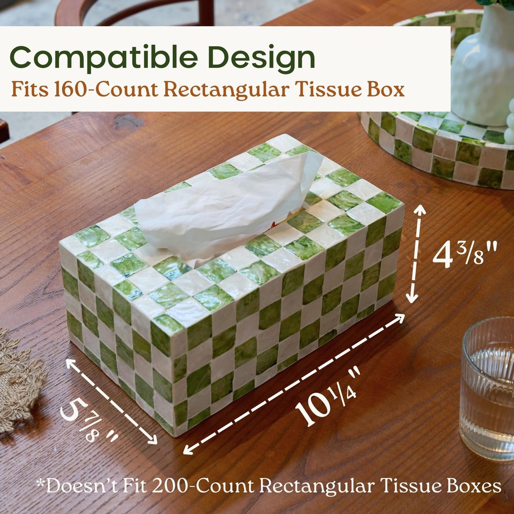 Rectangle Checkered Tissue Box Cover Handmade with Capiz Shells, Decorative T...