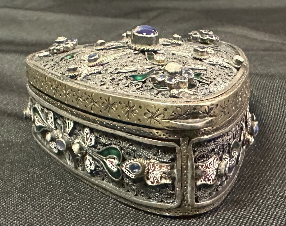 Antique Austrian Jeweled Silver Box Enameled Triangular with Great Work