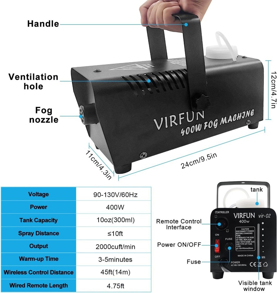Fog Machine, Smoke Machine with Wireless&Wired Remote Control for Halloween, Par