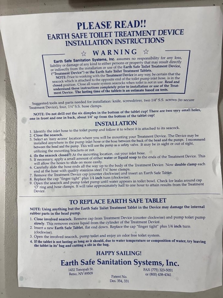 Earth Safe Sanitation Systems Marine Toilet Treatment System. Deodorant System