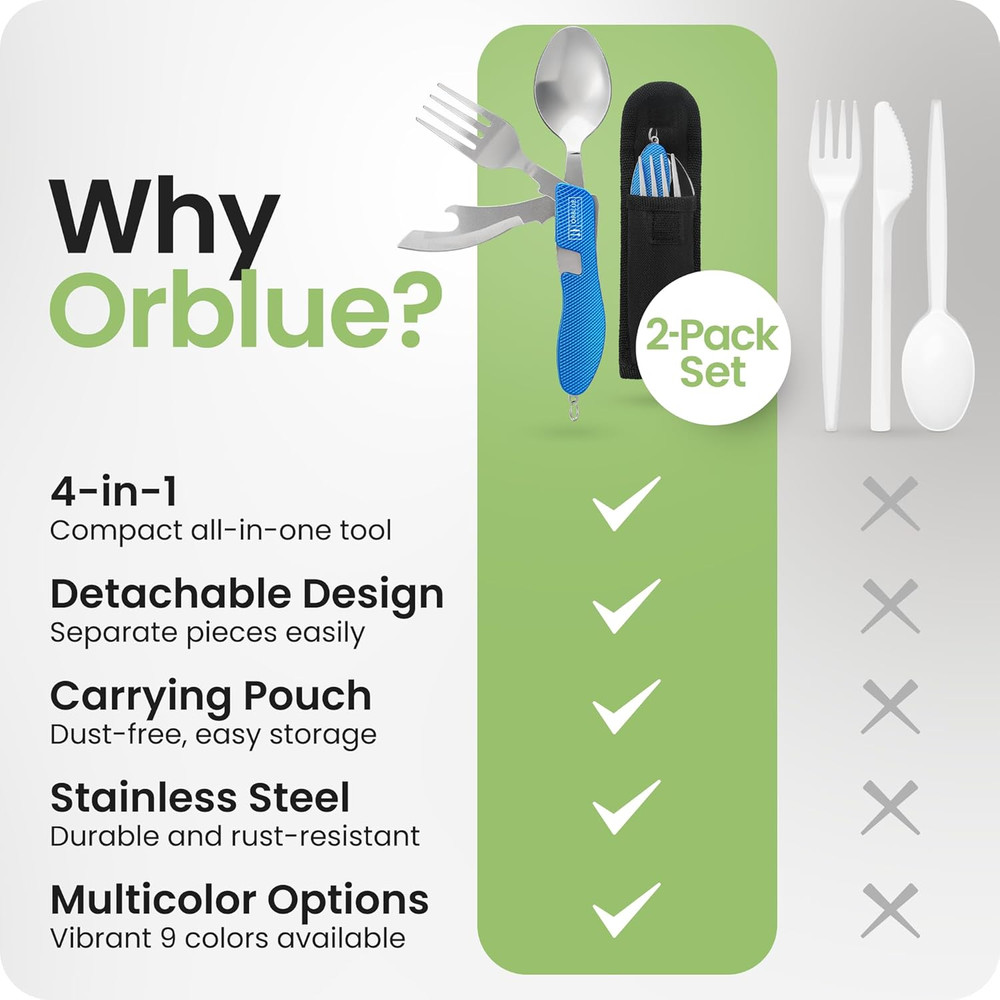 4-In-1 Camping Eating Utensils, 2-Pack - Portable Spoon, Fork, Knife & Bottle Op