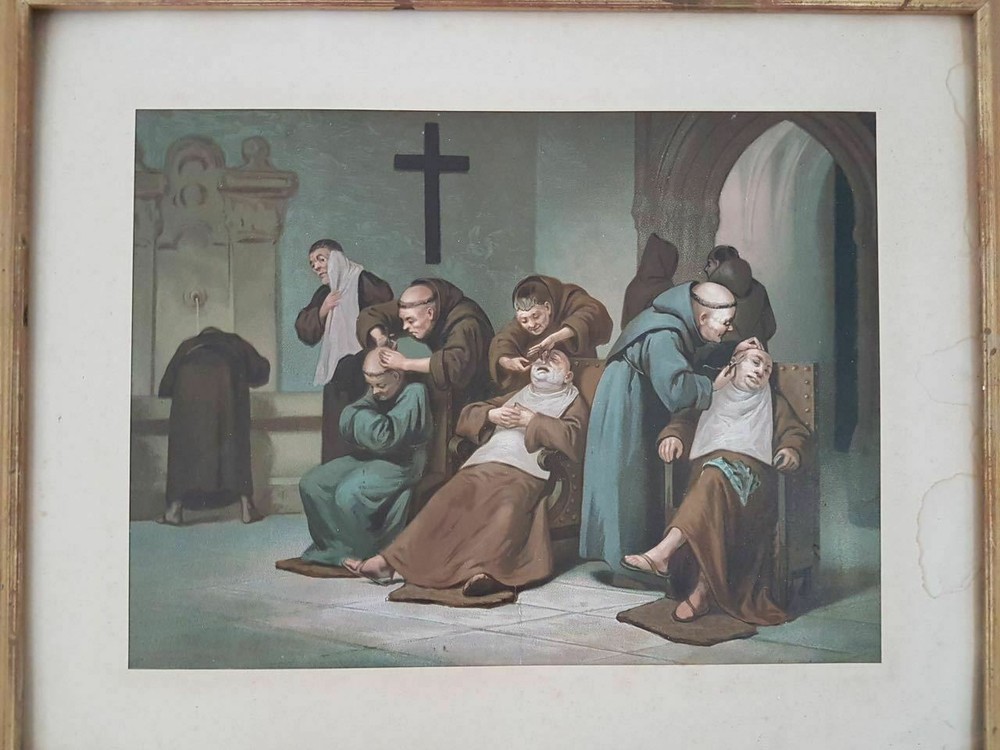 Old Engraving "Religious Scene" Monks