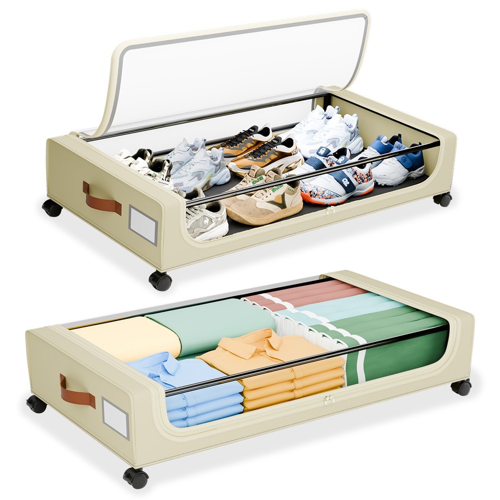 Space Saving Under Bed Clothes Storage 2-Rolling Bins - XL Clear Boxes with Lids