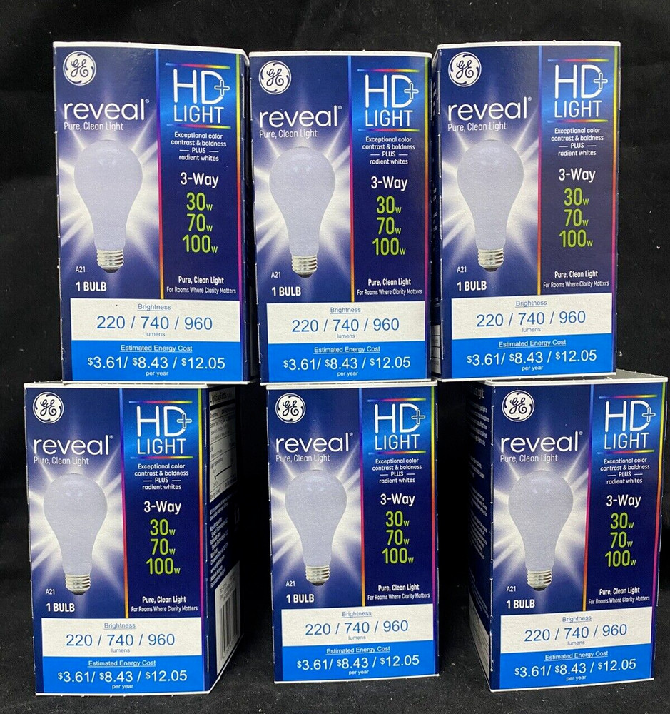 6 Bulbs  GE REVEAL HD Lighting 3-WAY 30w-70w-100w A21 BULBS Radiant White