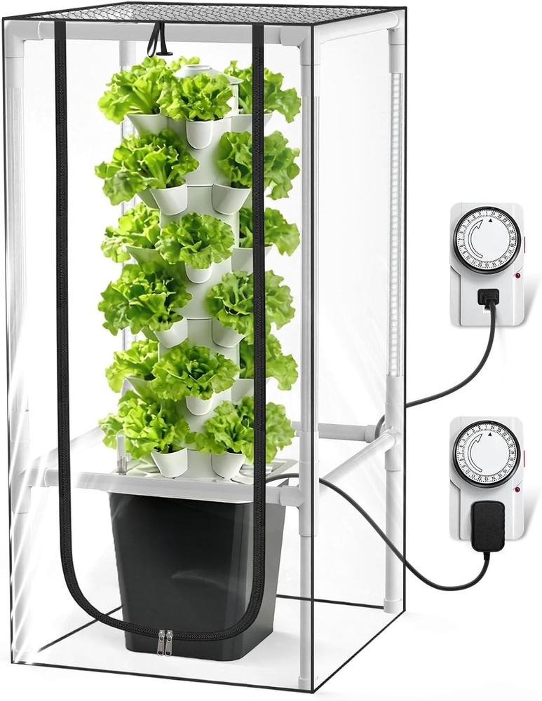 Vertical Hydroponic Tower System 6-Tier 30-Pod Grow Light Timer Indoor Growing