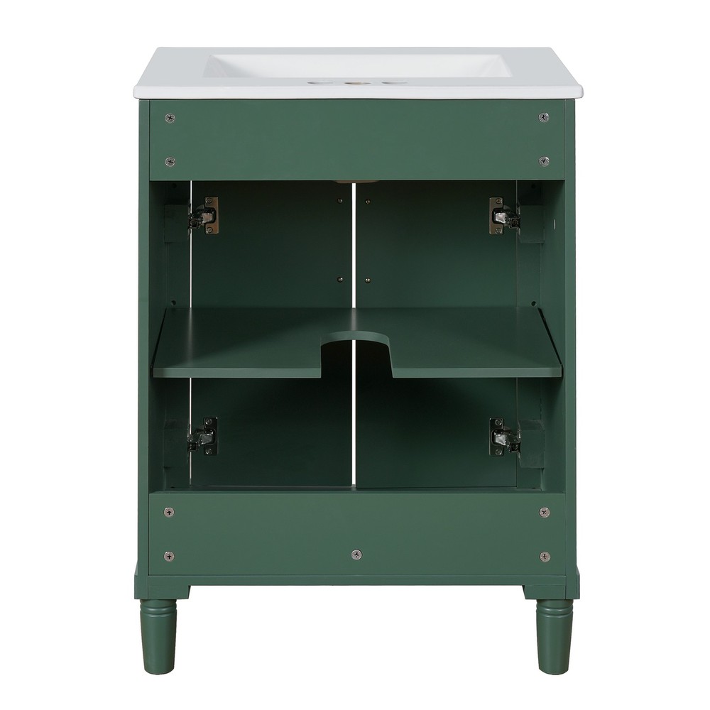 24 in Small Bathroom Vanity w/ Ceramic Sink & 2 Doors, Solid Wood&MDF, Green