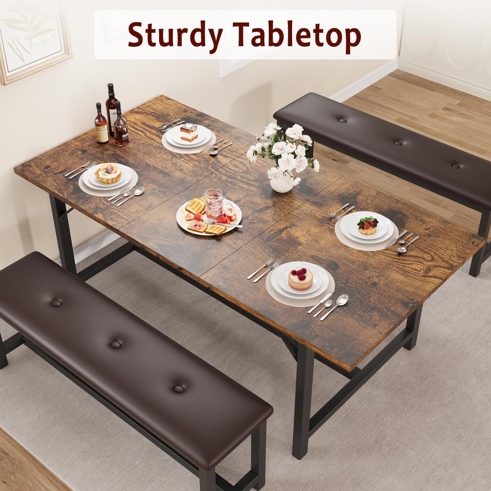 Extendable Dining Table Set 63" Kitchen Table and 2 Upholstered Benches Dinette
