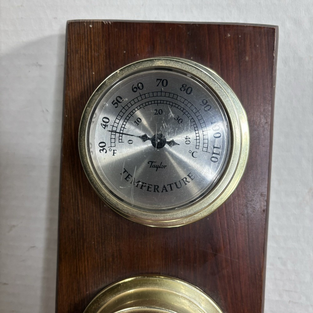 Vintage Taylor Thermometer Hygrometer Weather Station Combo On Solid Oak Panel