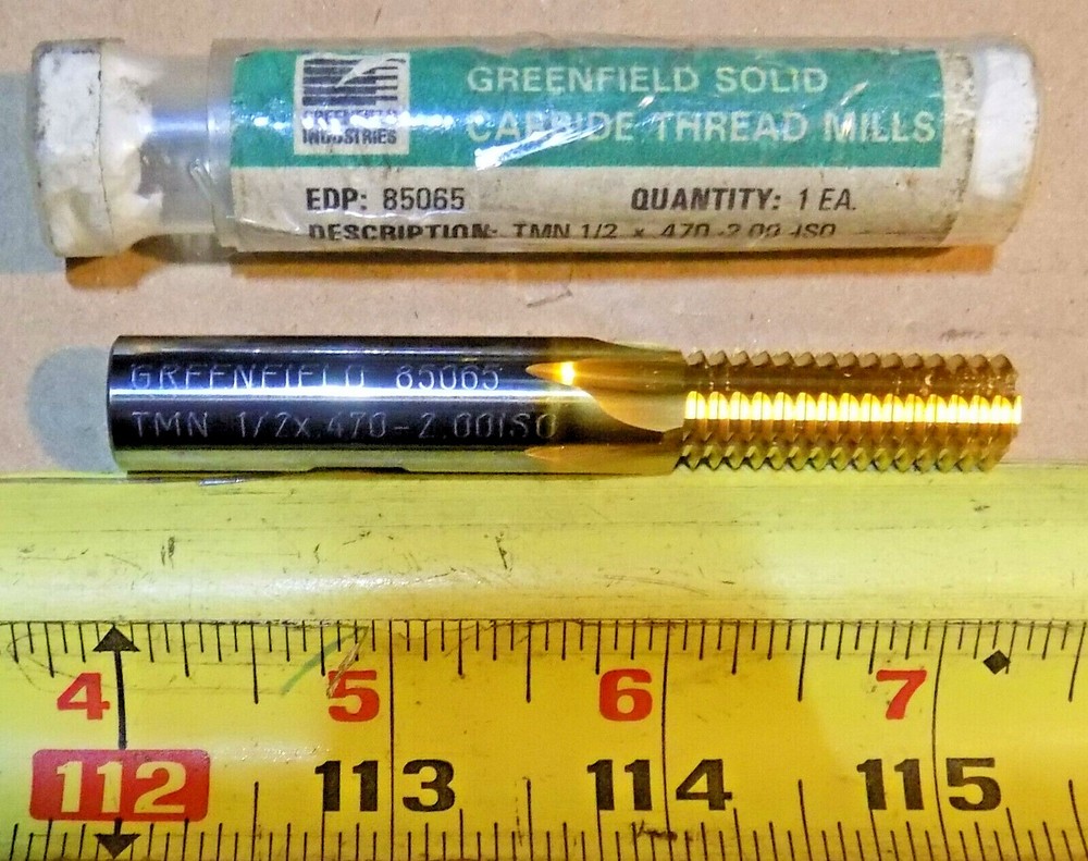 M12X2.00 Thread, 1/2" Shank Bright Coat Solid Carbide Straight Flute Thread Mill