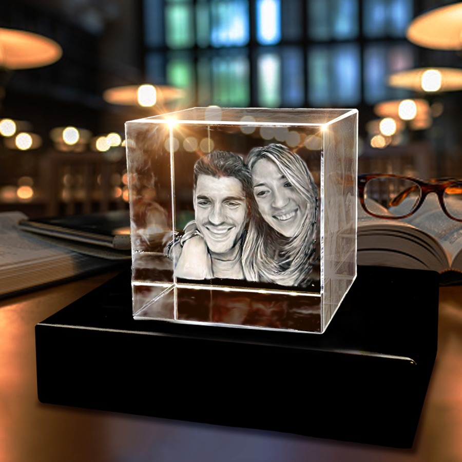 3D Crystal Cube w/Light Base, Custom Personalized Etched & Engraved Glass Photo