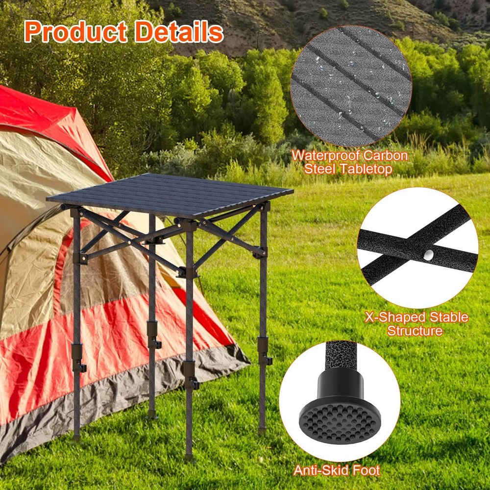 Portable Folding Camping Table w/ Adjustable Height Rustproof Carbon Steel