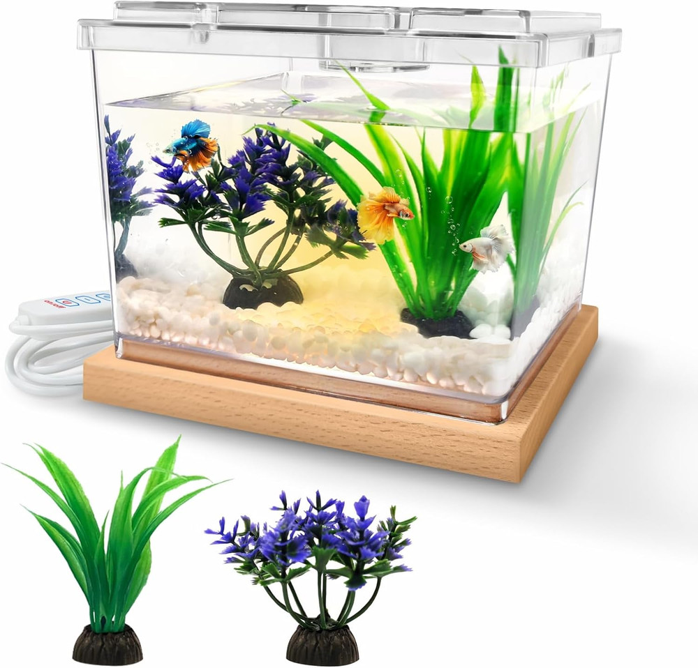 Mini Betta Fish Tank Kit with LED Light Base, Small Fish Bowl for Temporary Spac