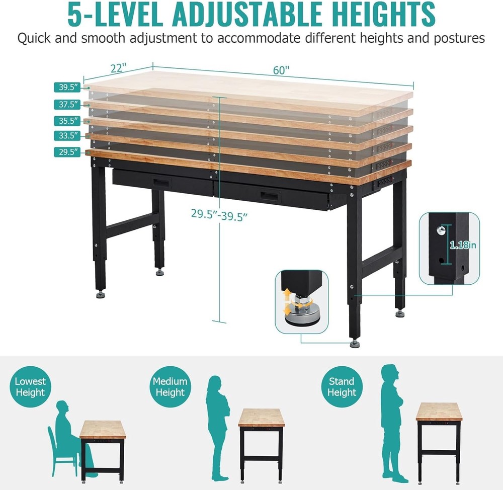 60-Inch Workbench with Power Outlets & Pegboard & Drawers Adjustable Work Table