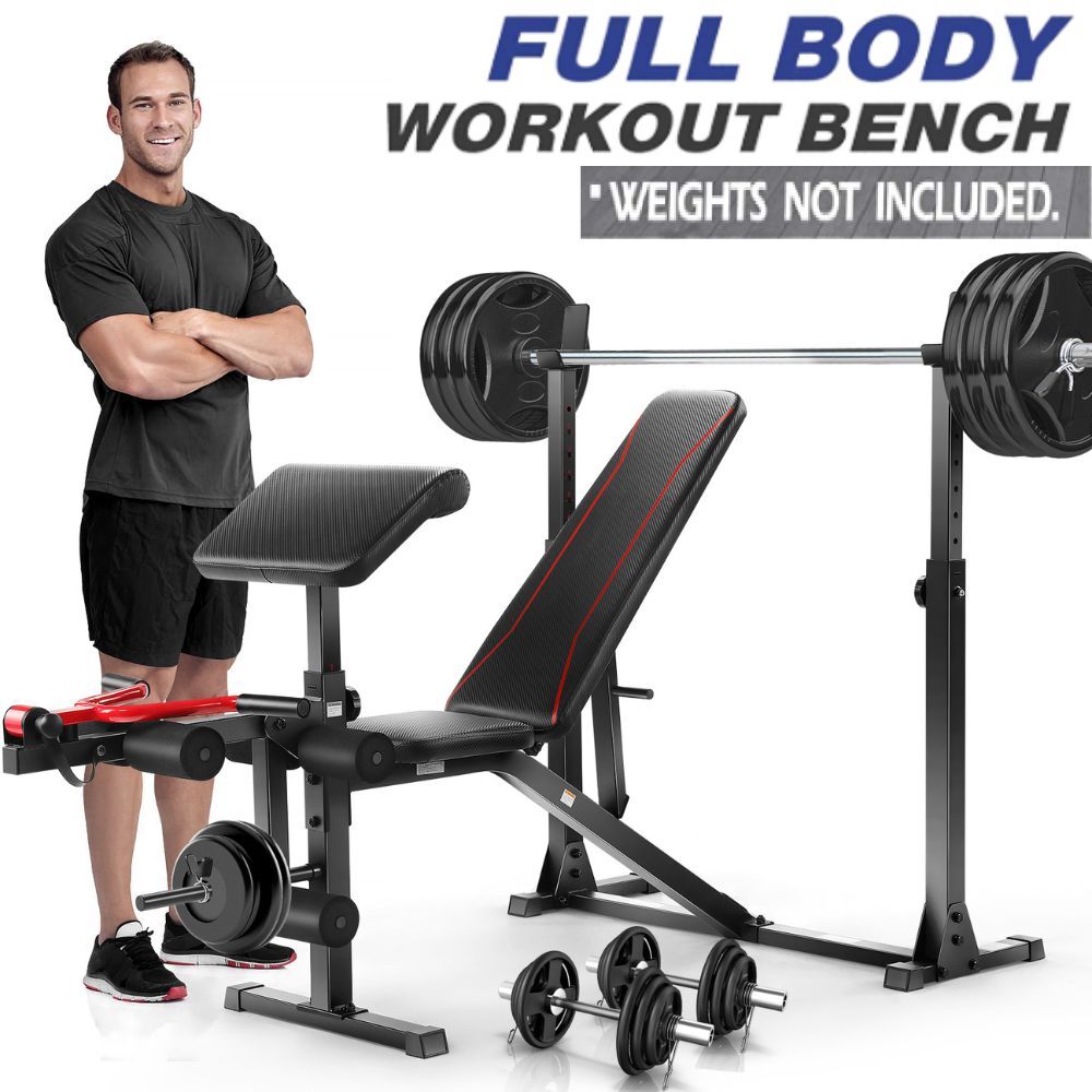 Weight Bench Press Adjustable Foldable Workout with Barbell Rack 600lbs 900lbs