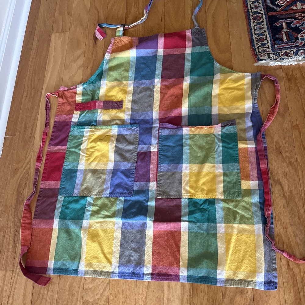 Crate & Barrel Bib Apron Striped Multi Colored Patchwork Pockets 34"l