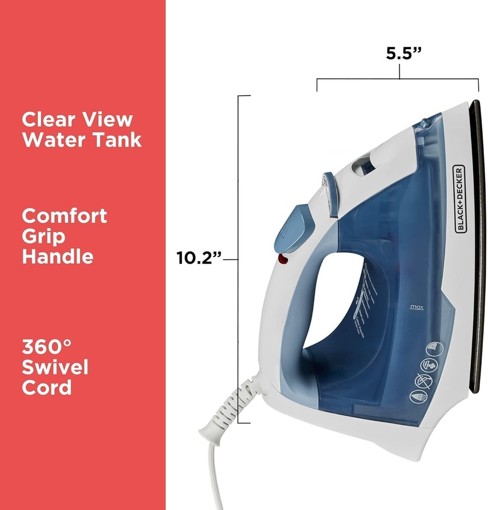 BLACK+DECKER Easy Steam Compact Iron for Clothes, Automatic Shutoff, Nonstick Pl