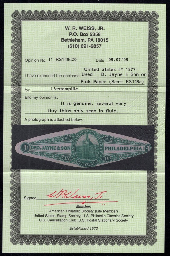 U.S. - RS149c - Dr. D. Jayne & Son - With a Certificate