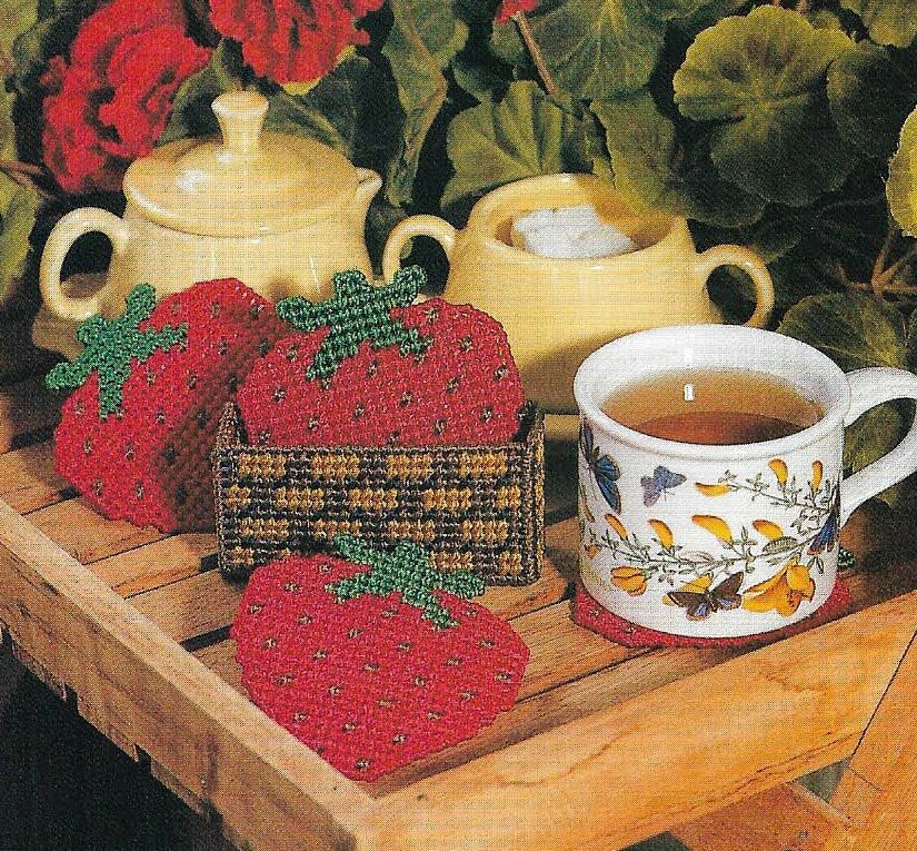 STRAWBERRY PATCH COASTERS HOME DECOR PLASTIC CANVAS PATTERN INSTRUCTIONS