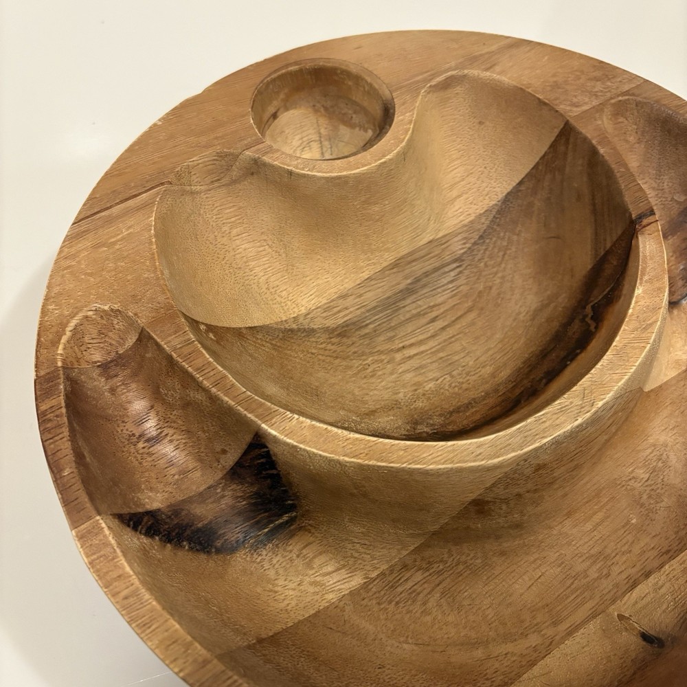 Nambe Eclipse Nut Cracker Bowl Wood (No Nutcracker) 3 Section