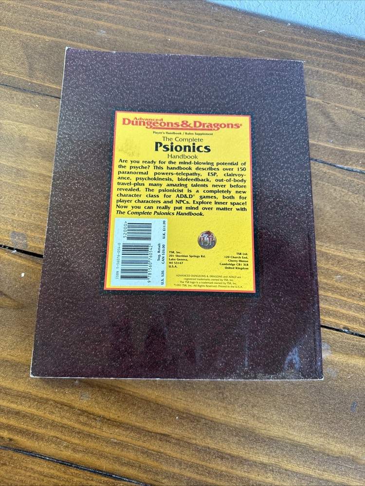 Advanced Dungeons & Dragons the Complete Psionics Handbook 9th printing 1996
