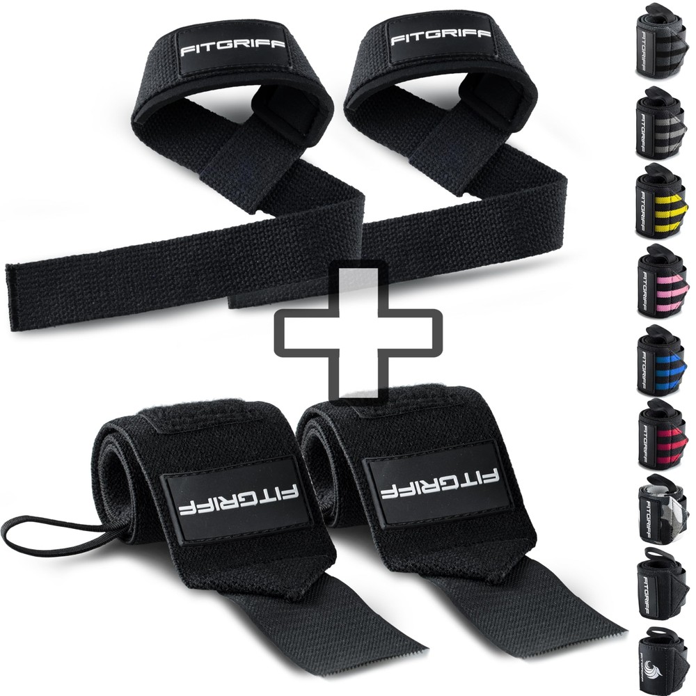 Lifting Straps & Wrist Wraps Bundle for Weightlifting Gym Workouts Full Black