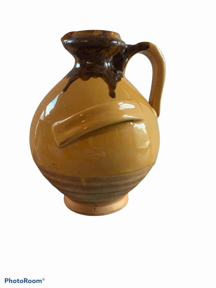 Ceramic Jug Pitcher Brown And Honey Colored Drip Three Handles ￼Old Fashioned