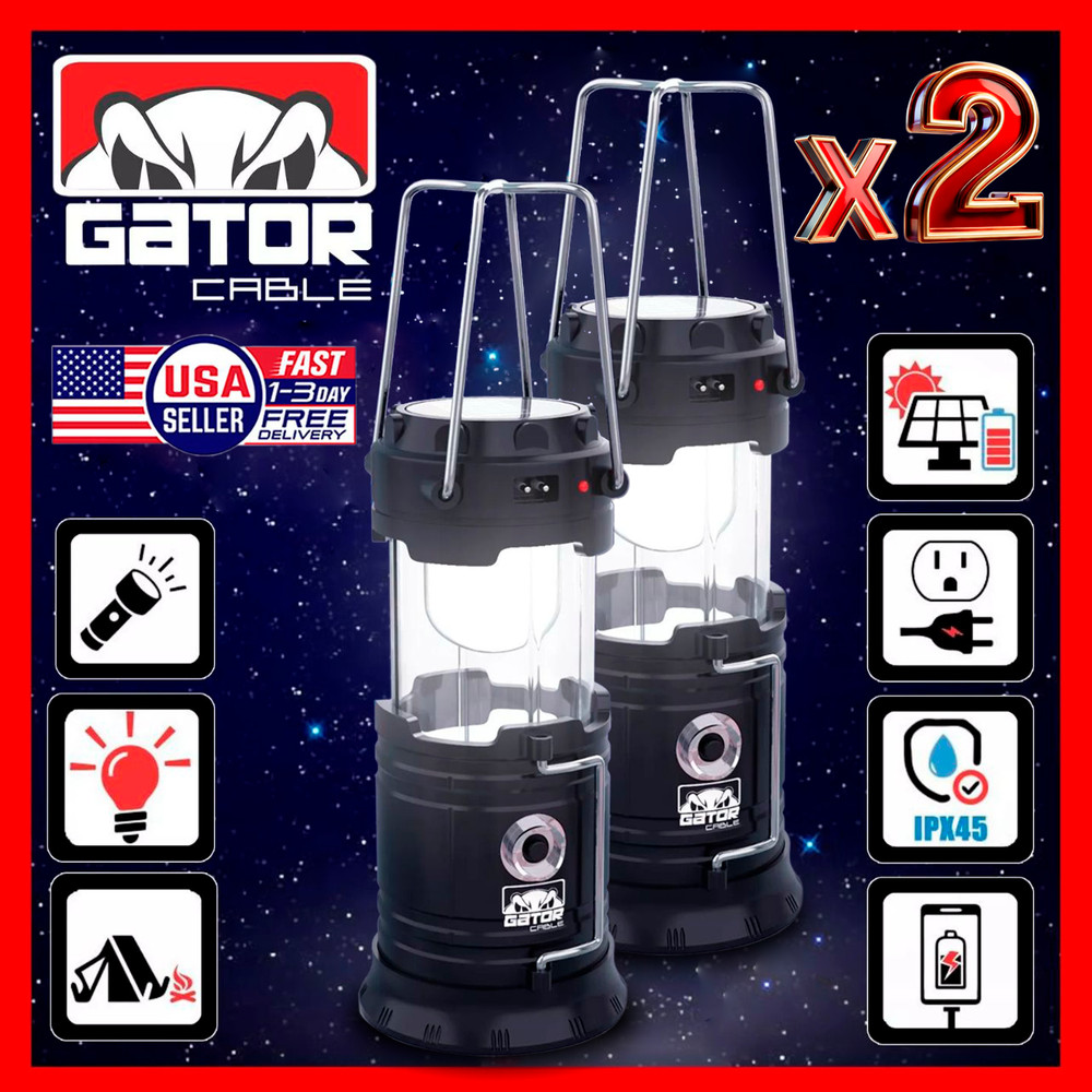 2x Solar Camping Lantern Flashlight Lamp Portable Rechargeable LED USB Power