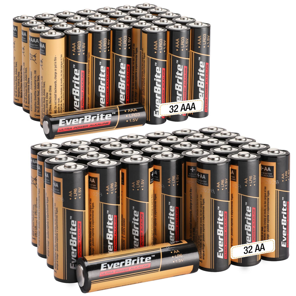 EverBrite 64PCS Alkaline Battery Pack 32PACK AA/32PACK AAA Alkaline Battery PACK