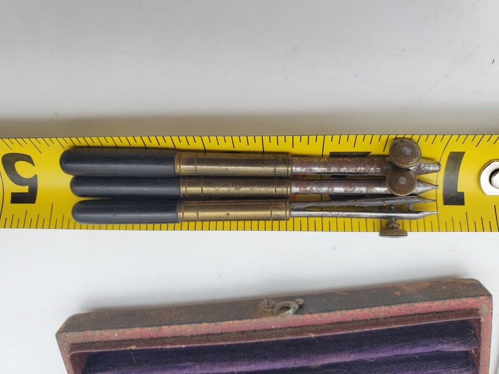 ANTIQUE DRAFTING & DRAWING INSTRUMENT 1800s EBONY HANDLE SET PEN TOOL ENGINEER