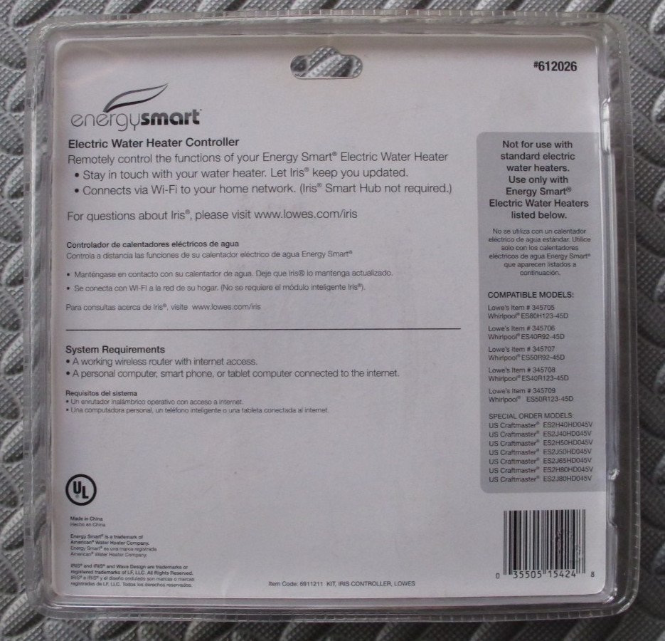 IRIS ENERGY SMART ELECTRIC WATER HEATER CONTROLLER 612026