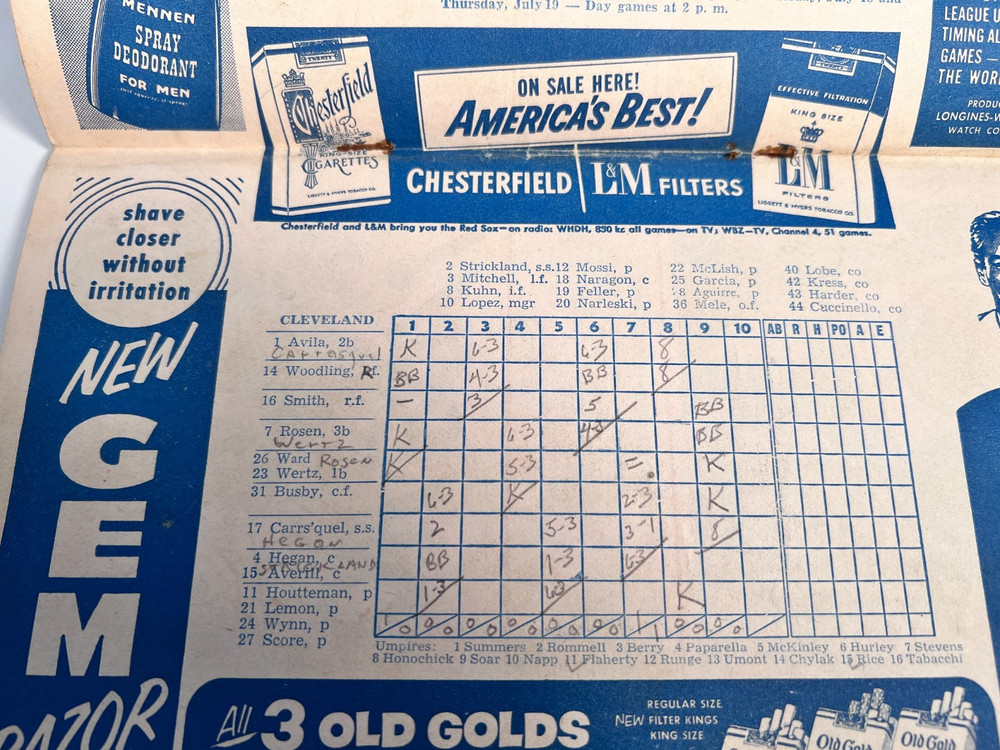 1956 Boston Red Sox Baseball Program v Indians 7/15/56 Williams 2 Doubles