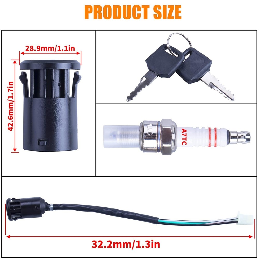 Ignition Key Switch 2pcs 4-Wire 4-pin and A7TC Spark Plug Replacement for Tao...