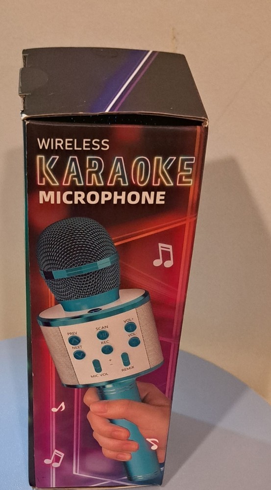 Wireless Karaoke Microphone Blue White Cordless Remix Volume Control