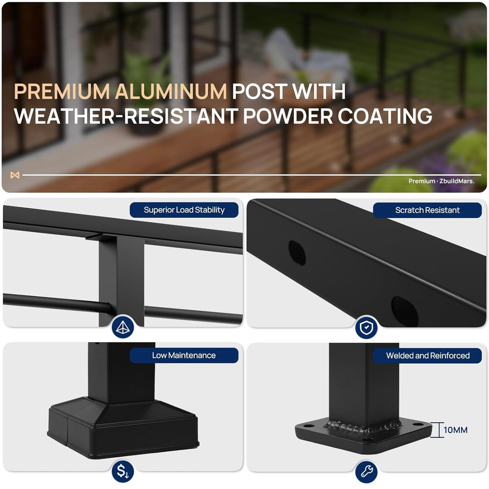 35" Horizontal Aluminum Deck Railing Post - Black Textured Finish