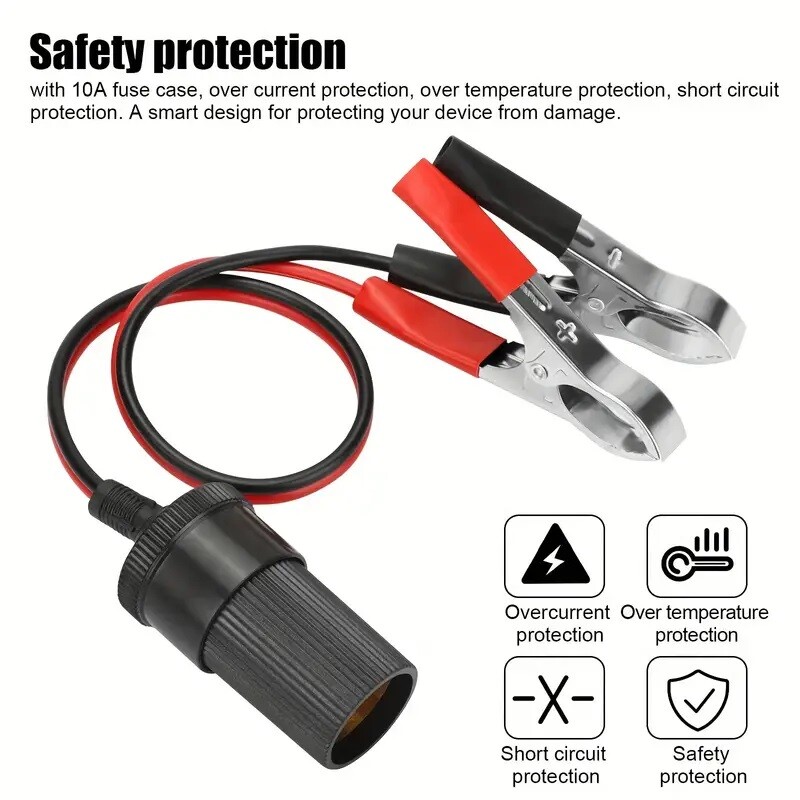 2xCar Battery Alligator Clamp Cable Clip Cigarette Lighter Adapter Socket 12V US