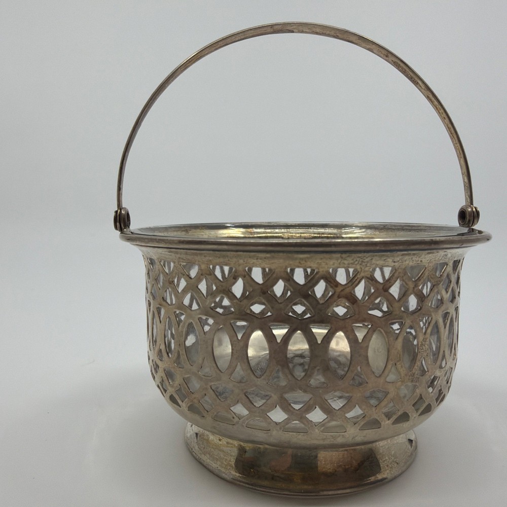 Sterling Silver Basket with Handle And Glass Insert