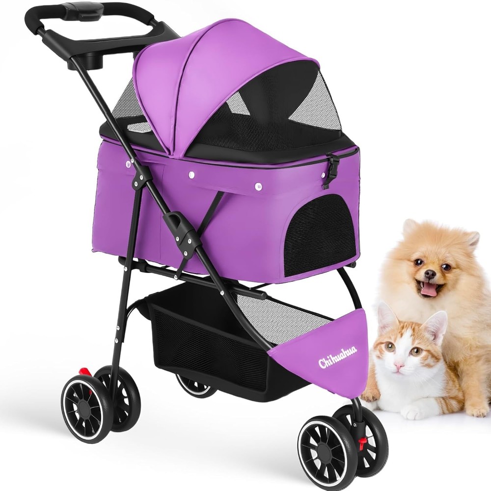 Pet Stroller Dog Stroller Small Medium Dog Cat 3 Wheels Foldable with Canopy