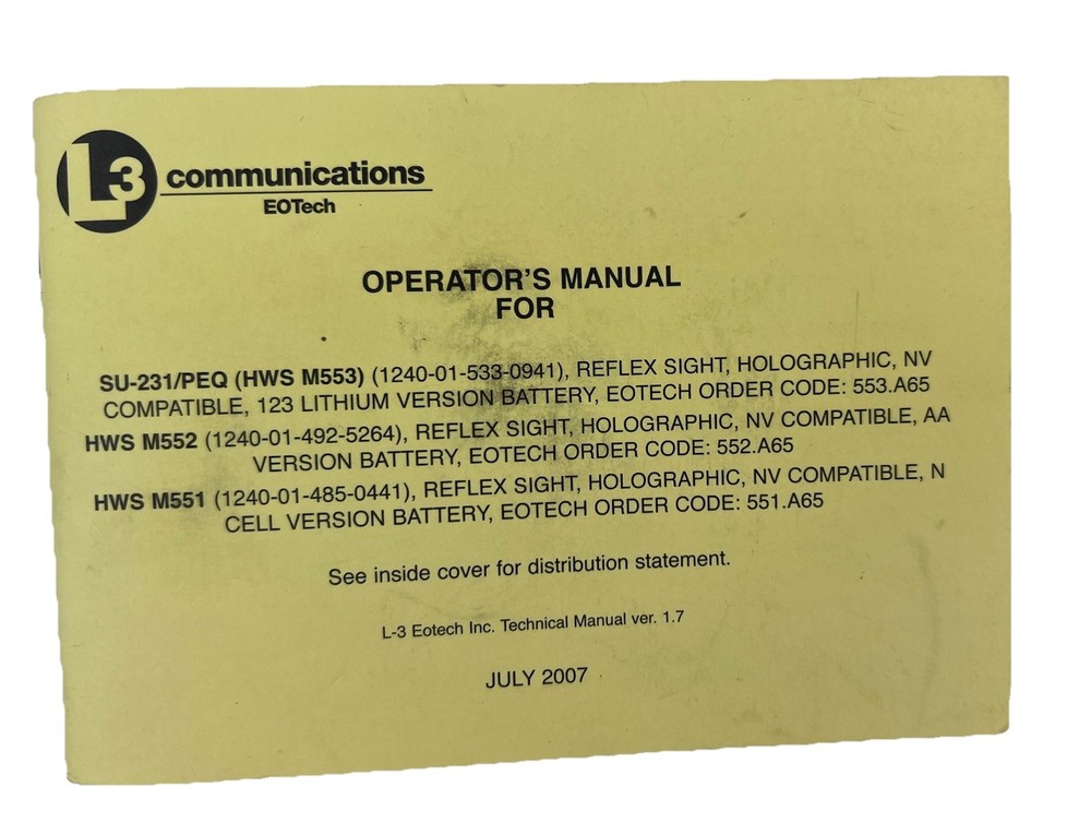 2007 Eotech L3 Communications scope operators  manual & SU-23  Quick Ref Guide