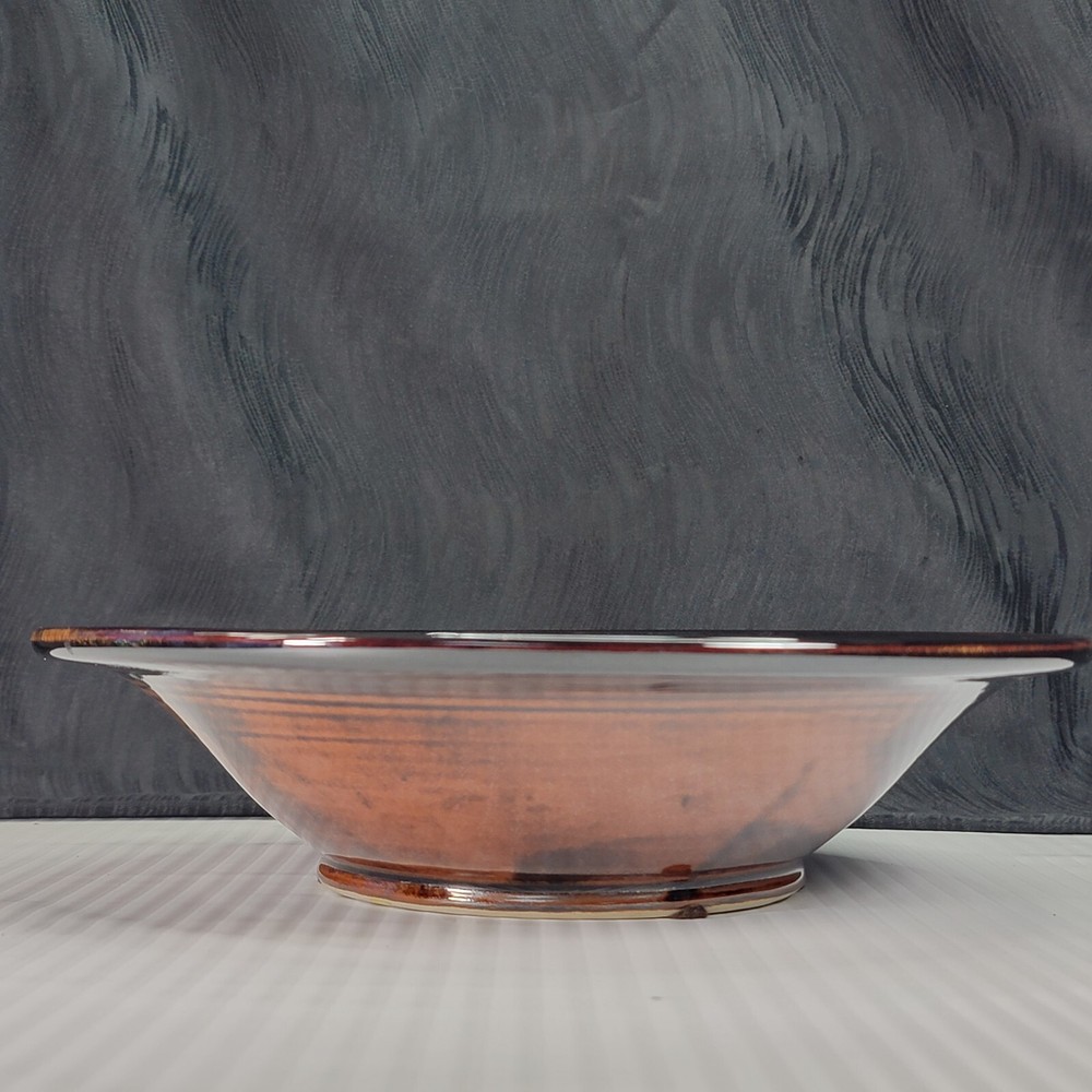 11" Round Stoneware Brown Swril Bowl Signed JM