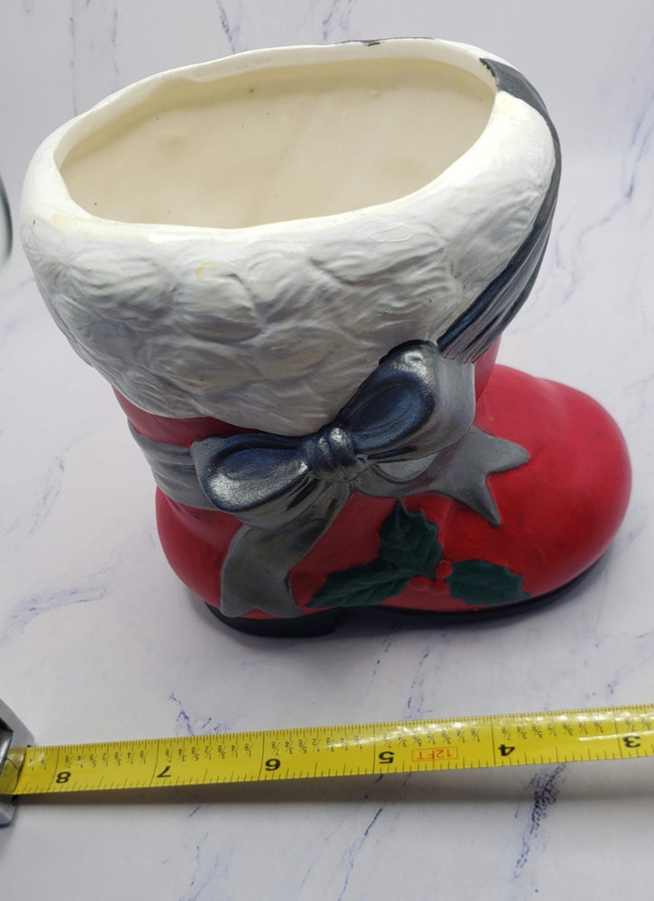 Santa's Red Boot With Silver Bow Ceramic Earthenware Christmas Holiday Planter
