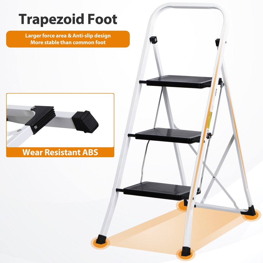 3 Step Ladder Folding Step Tool Pedal Anti-Slip for Kitchen Garage Library Home